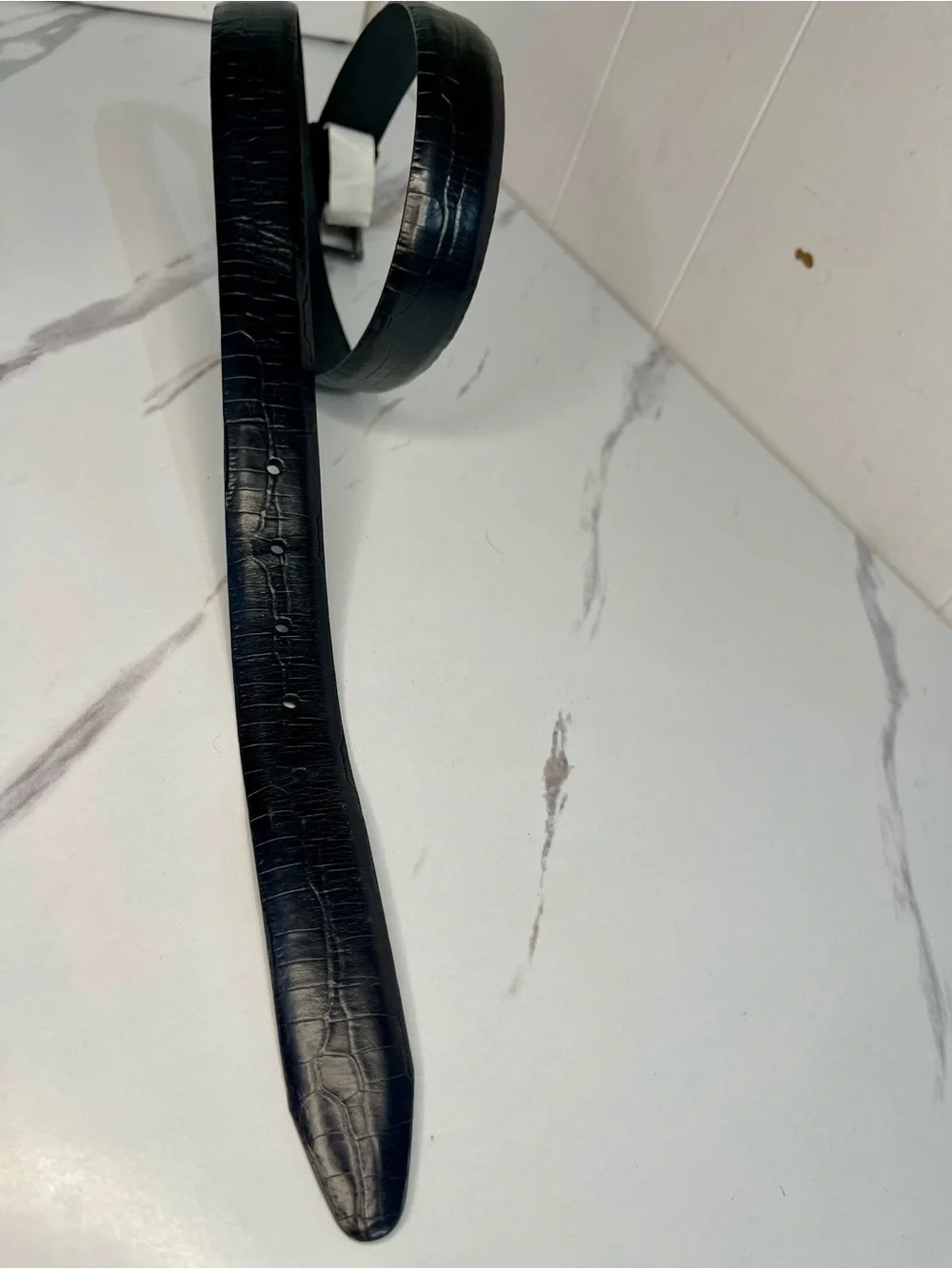 Black Croc-Embossed Leather Belt with Polished Black Buckle